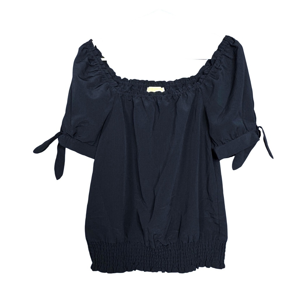 MK Womens Midnight Blue Smocked Tie Sleeve Blouse Top S Boho Nautical Milkmaid
